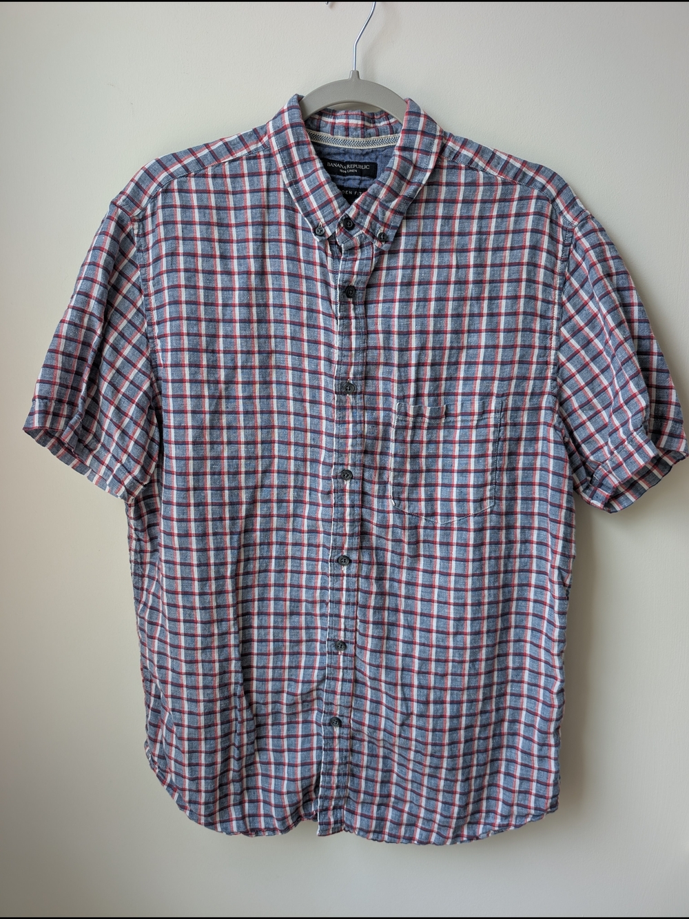 Banana Republic Linen Short Sleeve Shirt Mens L Blue Red White Plaid Camden Fit